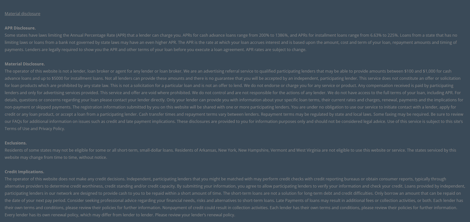 Material disclosure for payday loans in Fullerton California